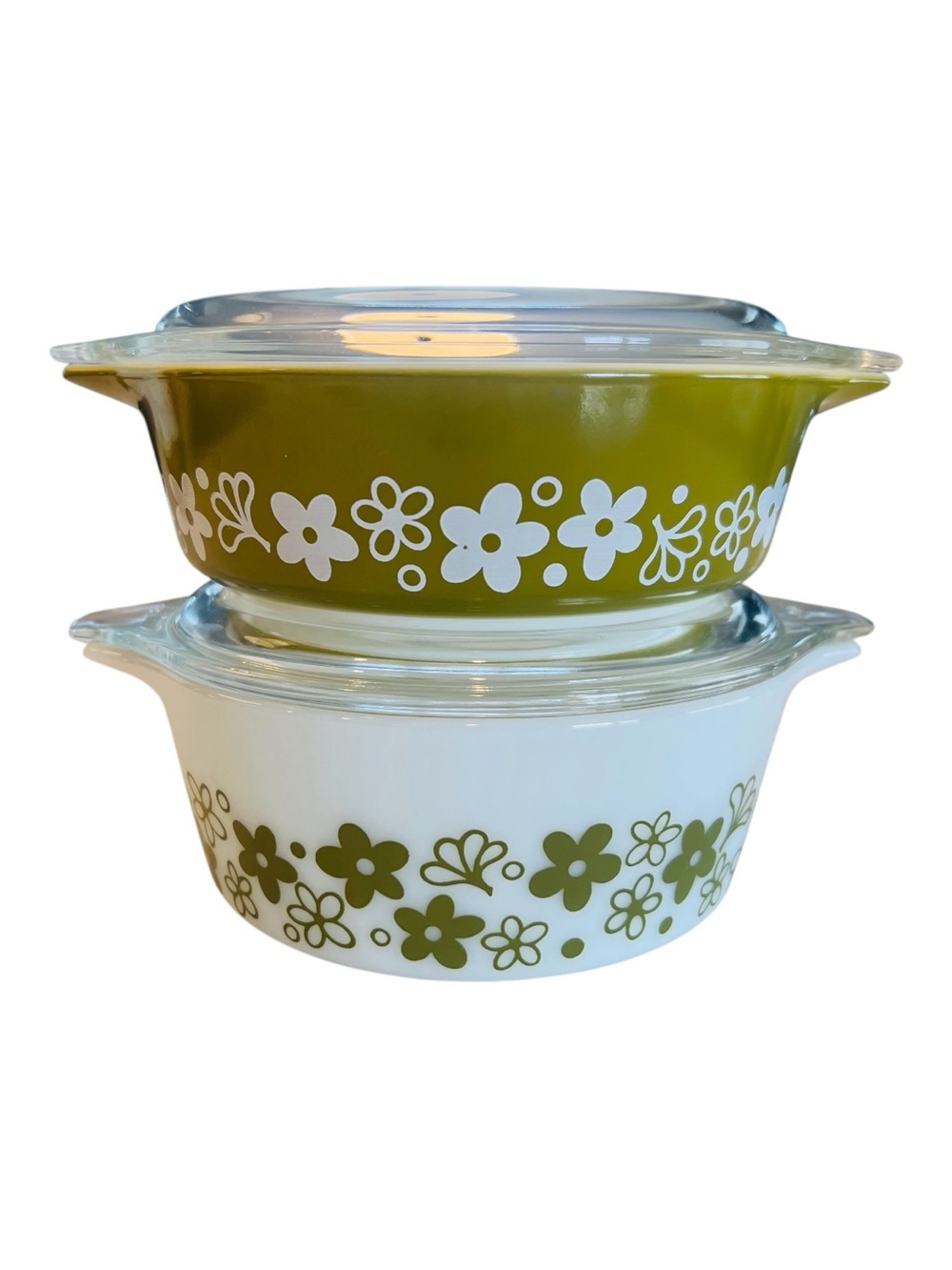 Vintage Pyrex Spring Blossom Crazy Daisy Casserole Set 471 472 Green White Lids